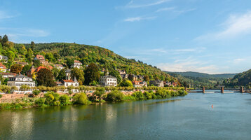 Heidelberg am Neckar Blick auf malerische Flusslandschaft mit grünen Hügeln und charmanten Häusern am Ufer unter blauem Himmel.
