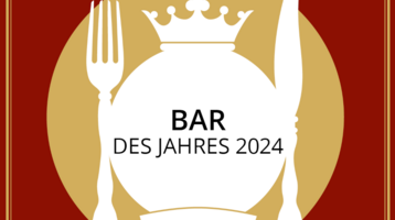 Rotes Plakat mit goldener Krone, Gabel und Messer. Text: "Bar des Jahres 2024, Münster geht aus".