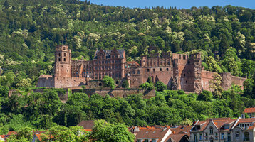 Heidelberger Schloss Historisches Schloss auf bewaldetem Hügel, umgeben von grünen Bäumen, mit Blick auf Dächer einer Stadt.