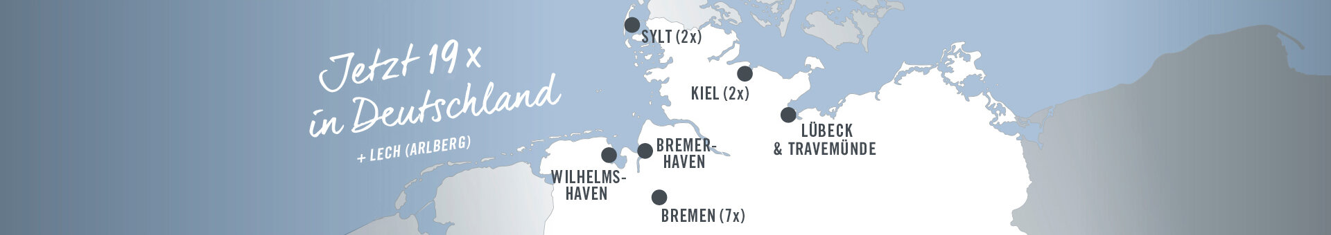 ATLANTIC Hotels – Standorte Karte zeigt Hotelstandorte in Norddeutschland: Sylt, Kiel, Lübeck, Wilhelmshaven, Bremerhaven, Bremen.