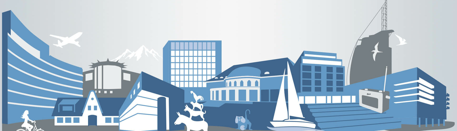 Stilisierte Skyline mit Gebäuden, Bergen, einem Flugzeug, einem Segelboot und einer Radfahrerin.