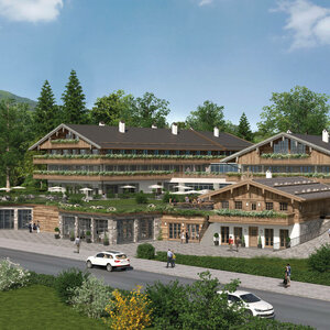 Rendering vom Severin*s Tegernsee mit Holzfassade, umgeben von Bäumen und Bergen, mit Terrasse und geparkten Autos im Vordergrund.