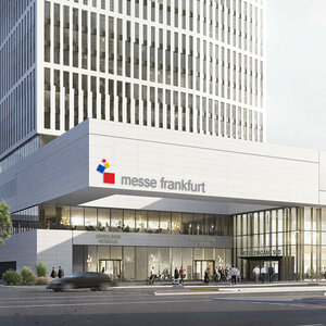 Rendering des neuen ATLANTIC Hotel Frankfurt. Ein weißes modernes Gebäude mit Eingang zur Messe Frankfurt.