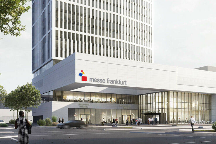 Rendering des neuen ATLANTIC Hotel Frankfurt. Ein weißes modernes Gebäude mit Eingang zur Messe Frankfurt.