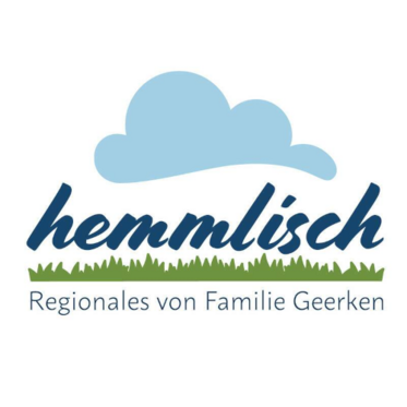 Logo of "hemmlich": blue lettering with cloud above, text "Regionales von Familie Geerken" below.