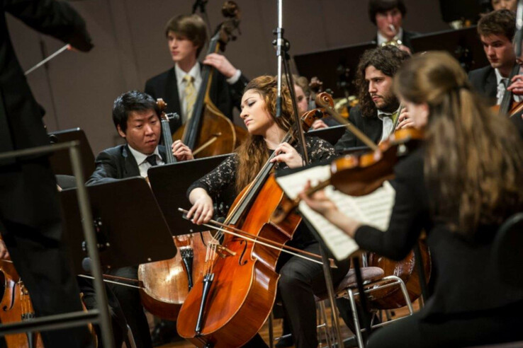 Brahms Festival Luebeck An orchestra plays classical music; focus on cellist in action.