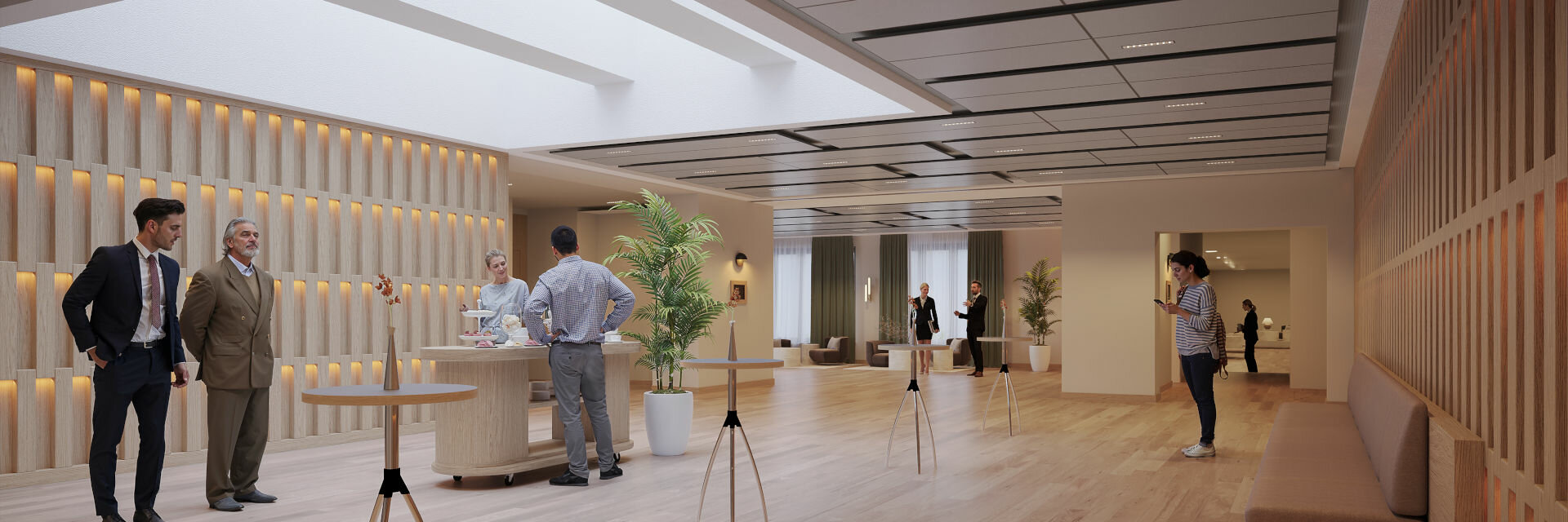 Rendering of the conference foyer at the ATLANTIC Hotel Frankfurt. Guests see a bright, modern room.