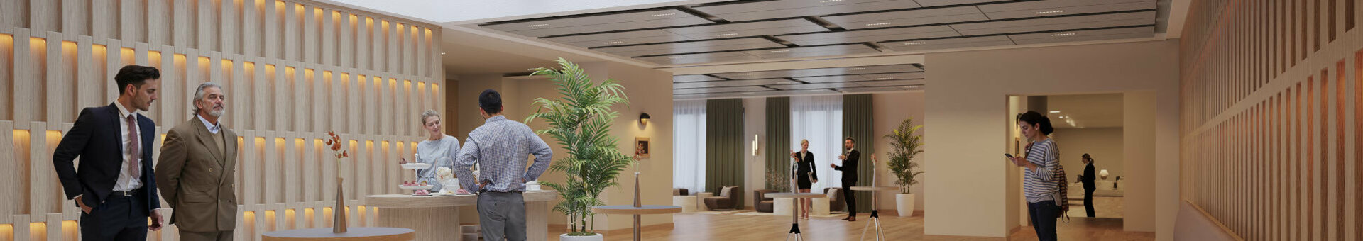 Rendering des Tagungsfoyers des ATLANTIC Hotel Frankfurts. Gäste sehen in einem hellen modernen Raum.