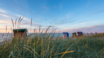 Angebote und Arrangements der ATLANTIC Hotels Strandkörbe am Meer bei Sonnenuntergang, umgeben von Dünen und hohem Gras, blauer Himmel im Hintergrund.