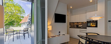 Kitchen and living area in the flat plus category in the ATLANTIC Dependance | ATLANTIC Grand Hotel Travemünde