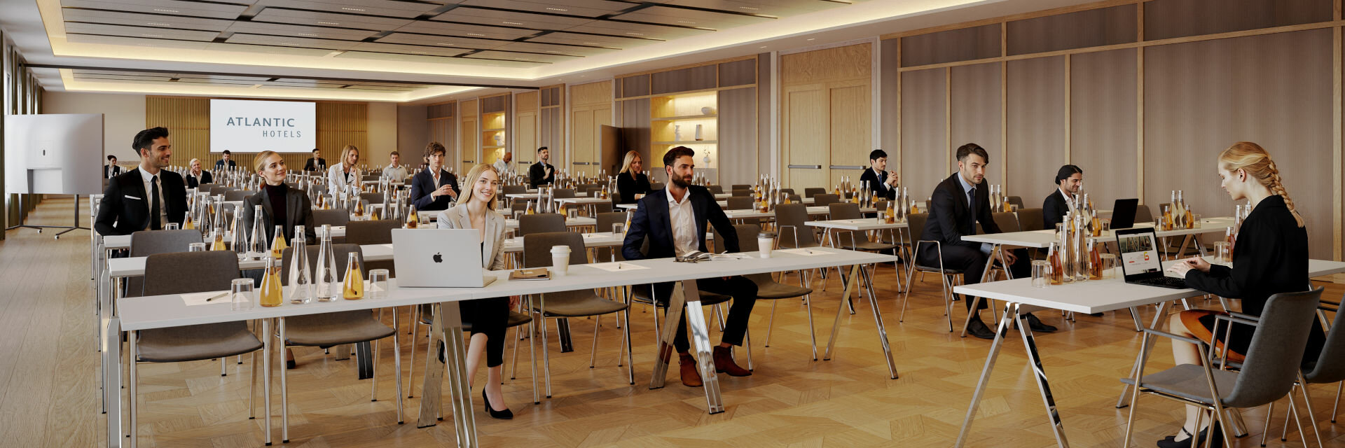 Rendering of a conference room at the ATLANTIC Hotel Frankfurt. Rows of tables are arranged in a modern and bright room.