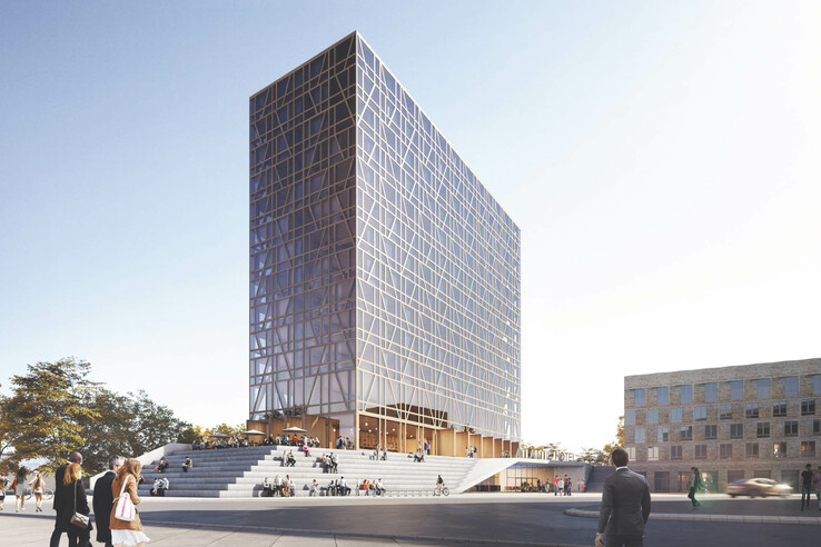 ATLANTIC Hotel Erfurt Tower West Modernes Hotelgebäude mit Glasfassade, umgeben von Menschen auf einer breiten Treppe und einem Platz bei Tageslicht.