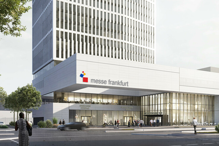 ATLANTIC Hotel Frankfurt Modern Messe Frankfurt building with glass facade, people and cars in the foreground.