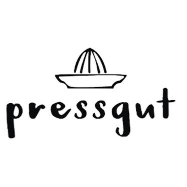 Logo with black text "pressgut" and a stylized citrus press above it.