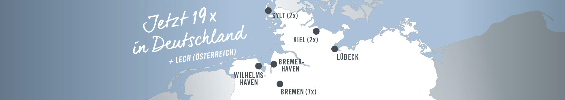 ATLANTIC Hotels – Standorte Karte zeigt Hotelstandorte in Norddeutschland: Sylt, Kiel, Lübeck, Wilhelmshaven, Bremerhaven, Bremen.