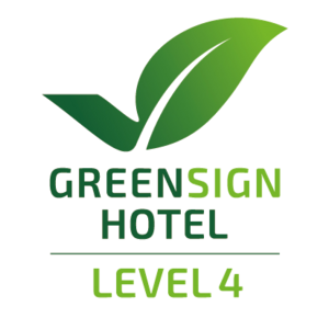 GreenSign Certificate | ATLANTIC Hotel Universum GreenSign Hotel Logo, Level 4, with green leaf motif, symbolizes sustainability at the ATLANTIC Hotel Universum Bremen.