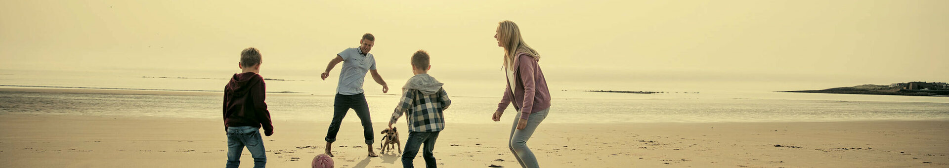 Family time at the beach Family playing with dog and ball on a sunny beach, sea in the background.