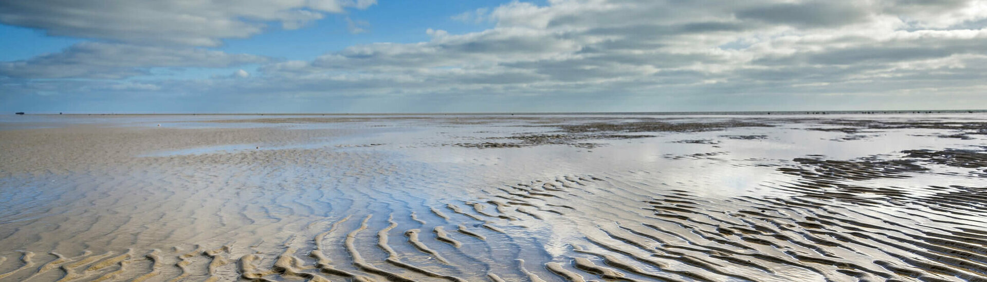 UNESCO World Natural Heritage Wadden Sea | ATLANTIC Hotel Wilhelmshaven Extensive sandy beach at low tide with wave-like patterns, under a cloudy sky.