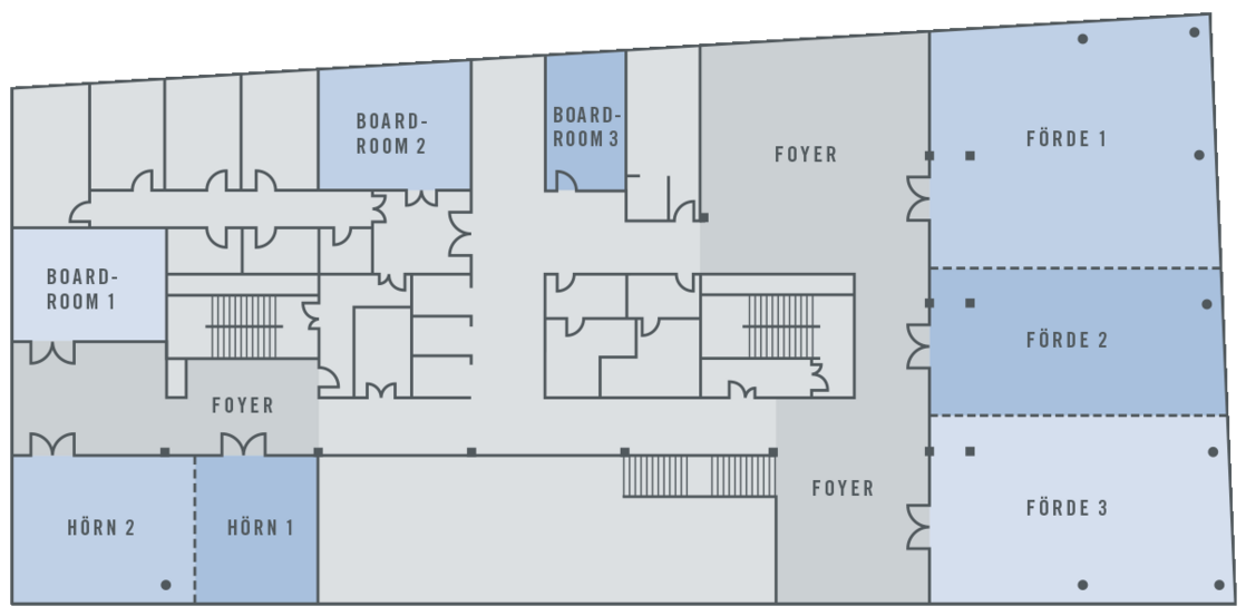 Floor plan of the ATLANTIC Hotel Kiel with marked conference rooms: Boardrooms, Hörn 1-2, and Förde 1-3.