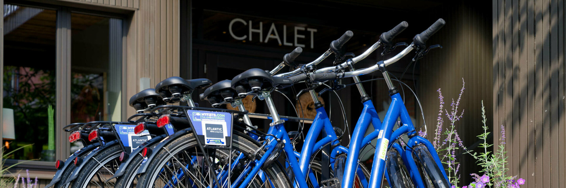 ATLANTIC Hotel Landgut Horn Bremen Bike Rental Six blue bicycles are parked in front of a chalet entrance, surrounded by flowering plants.