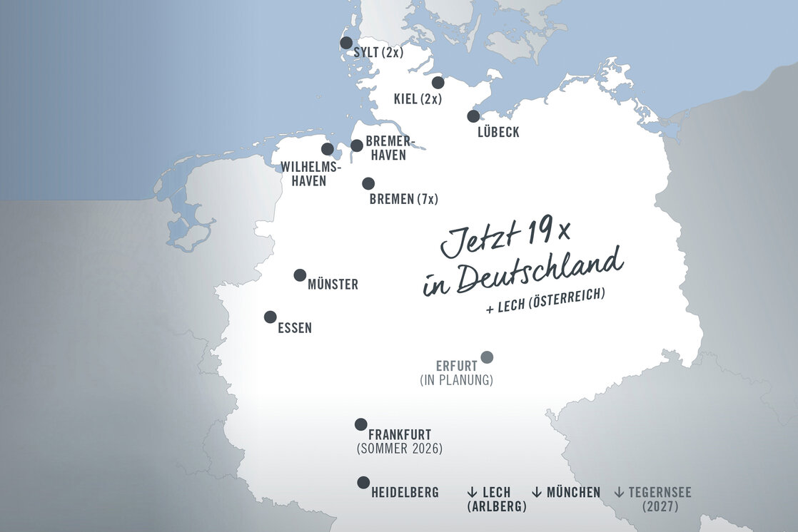 ATLANTIC Hotels - 18 x in Deutschland Karte von Deutschland mit 19 Hotelstandorten, darunter Sylt, Kiel, Lübeck, Bremen, Münster, Essen, Erfurt und München.