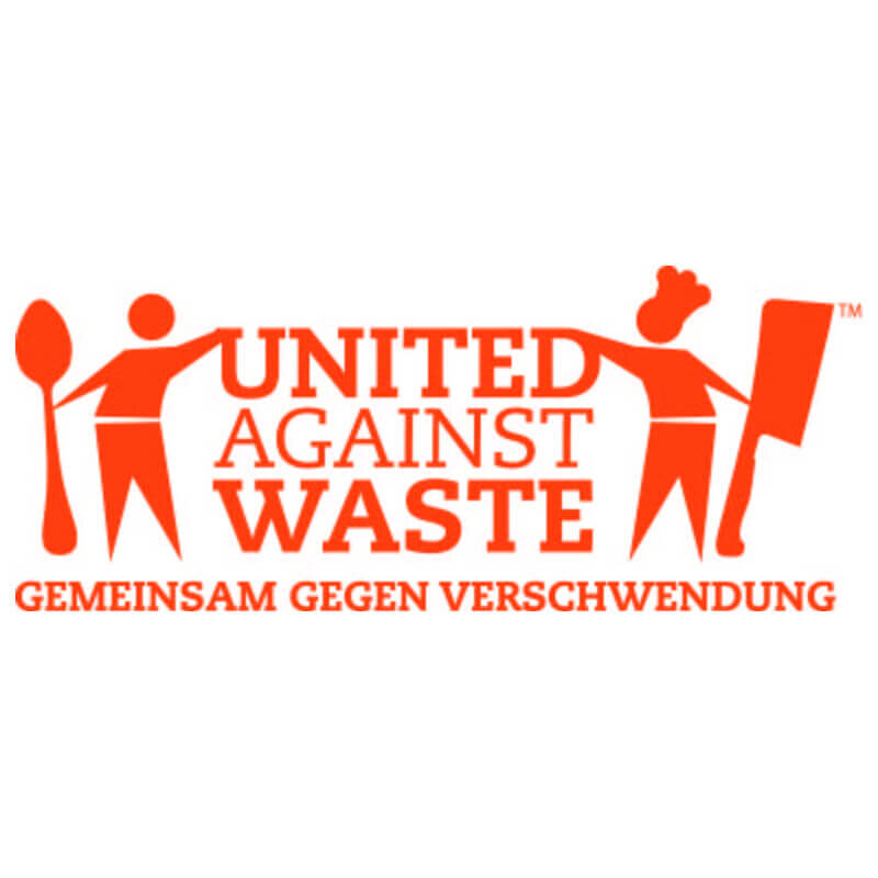 Logo "United Against Waste" with figures, spoon and chef's hat, text: "Together against waste".